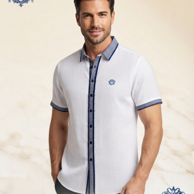 Signature blue step linen rimi half shirt