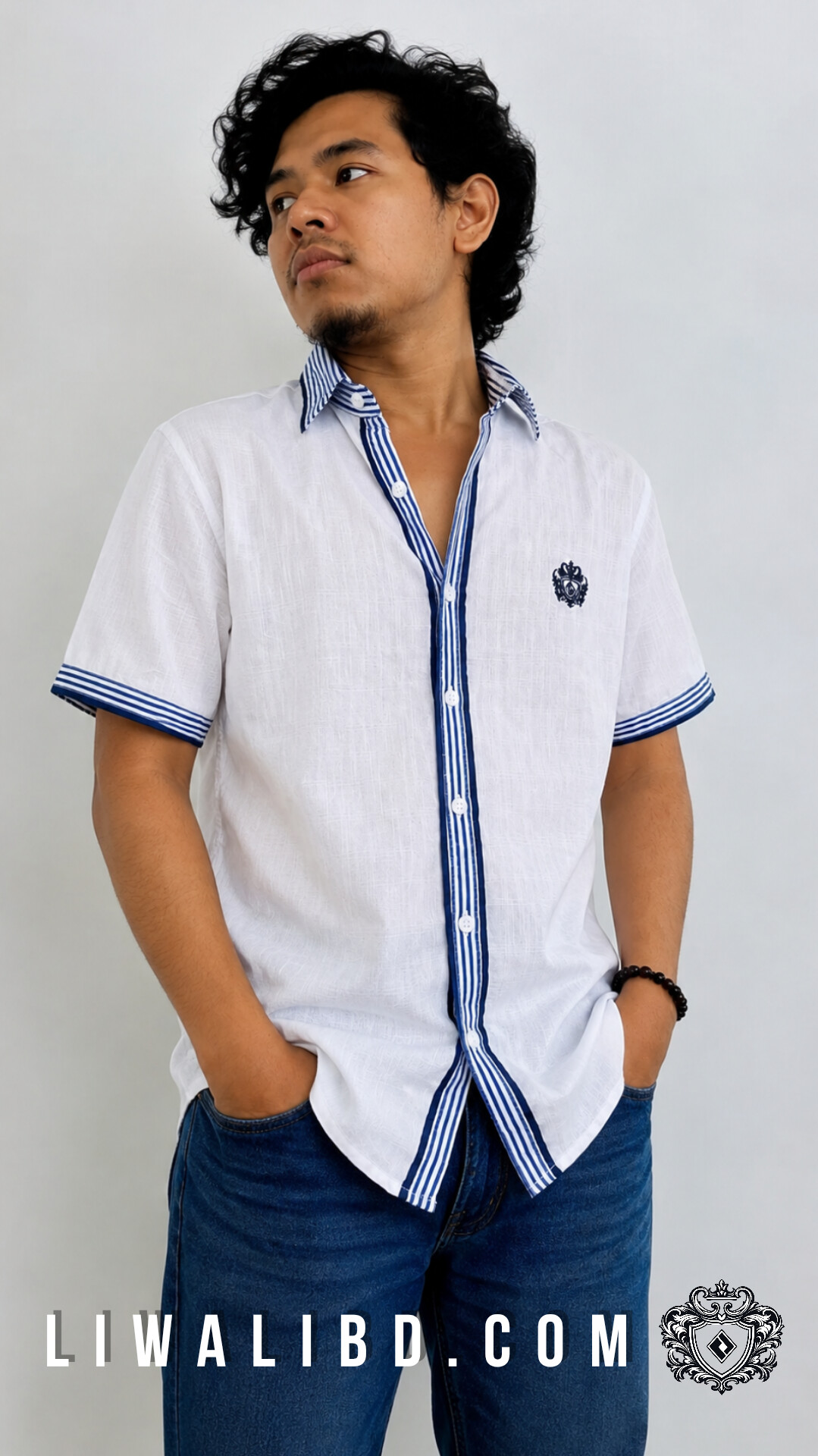 Signature blue step linen rimi half shirt - Image 3
