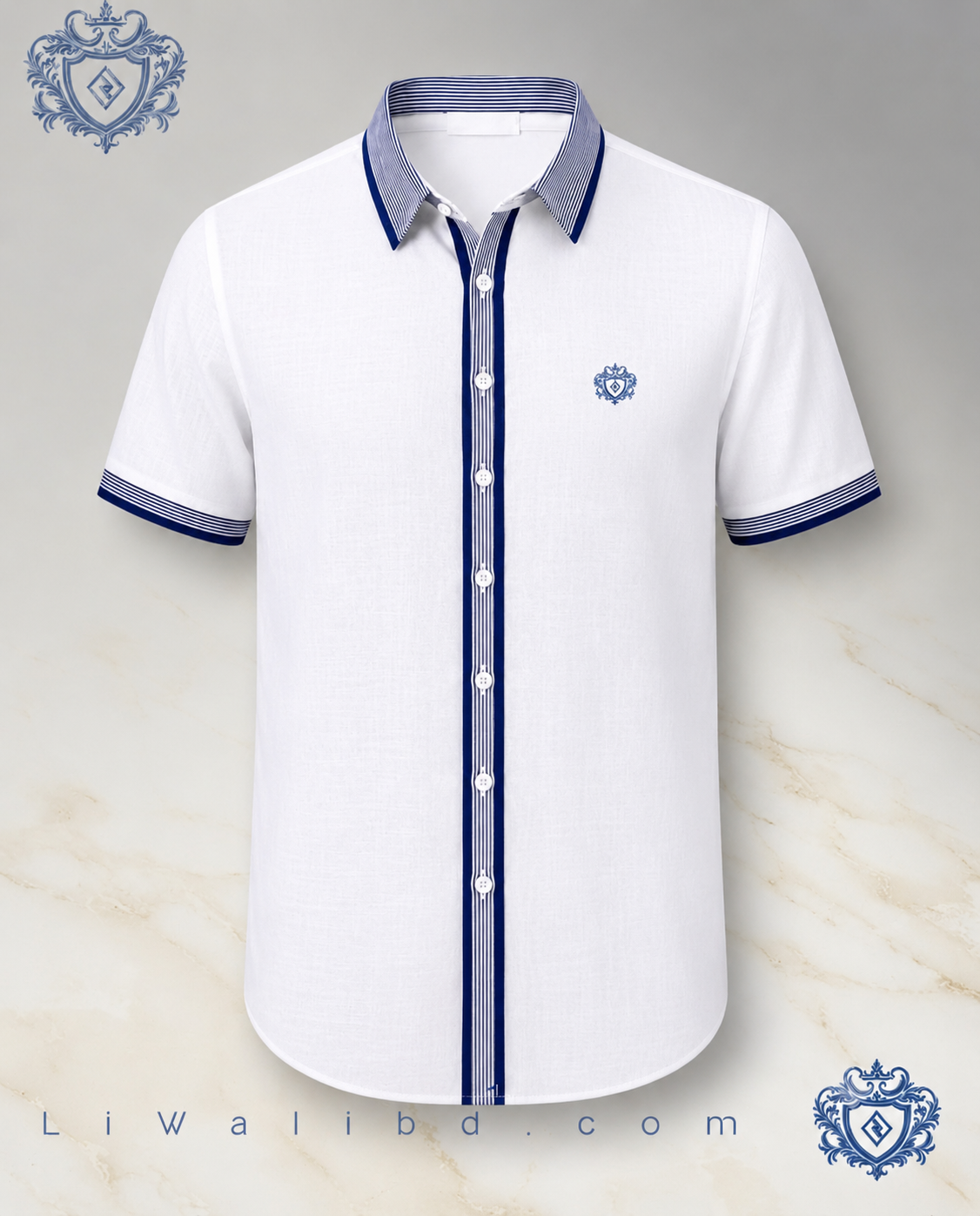 Signature blue step linen rimi half shirt